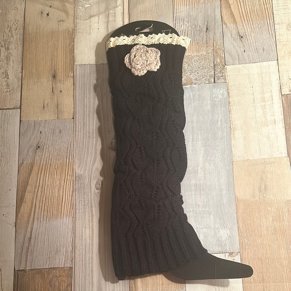 Black Knit Leg Warmers with Cream Lace Trim